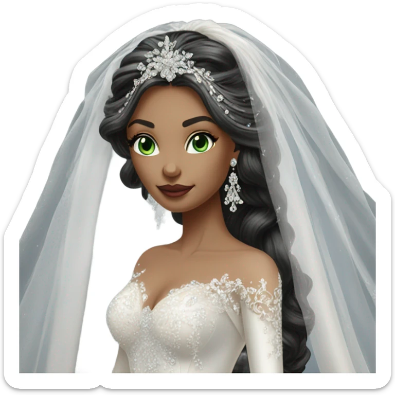 Hyper Realistic ornate ballgown long sleeve Wedding dress with diamanté on Russian bride with light skin and green eyes and long black hair with veil hyper realistic  sticker