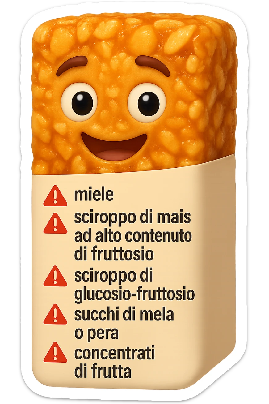 SU QUESTO STILE FAI UN EMOJI STILE IPHONE 3D DI UNa barretta ai cereali con ETICHETTA CON GLI INGREDIENTI SCRITTI, "miele, sciroppo di mais ad alto contenuto di fruttosio, sciroppo di glucosio-fruttosio, succhi di mela o pera,
concentrati di frutta" accanto ad ogni nome scritto mettici un segnale di allarme, FALLO MOLTO REALISTICO IN 3D sticker