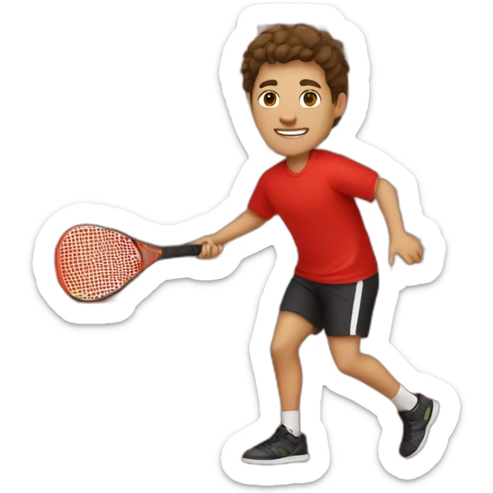 Young guy with swooped brown hair playing pickleball full body red shirt black shorts solid black paddle sticker