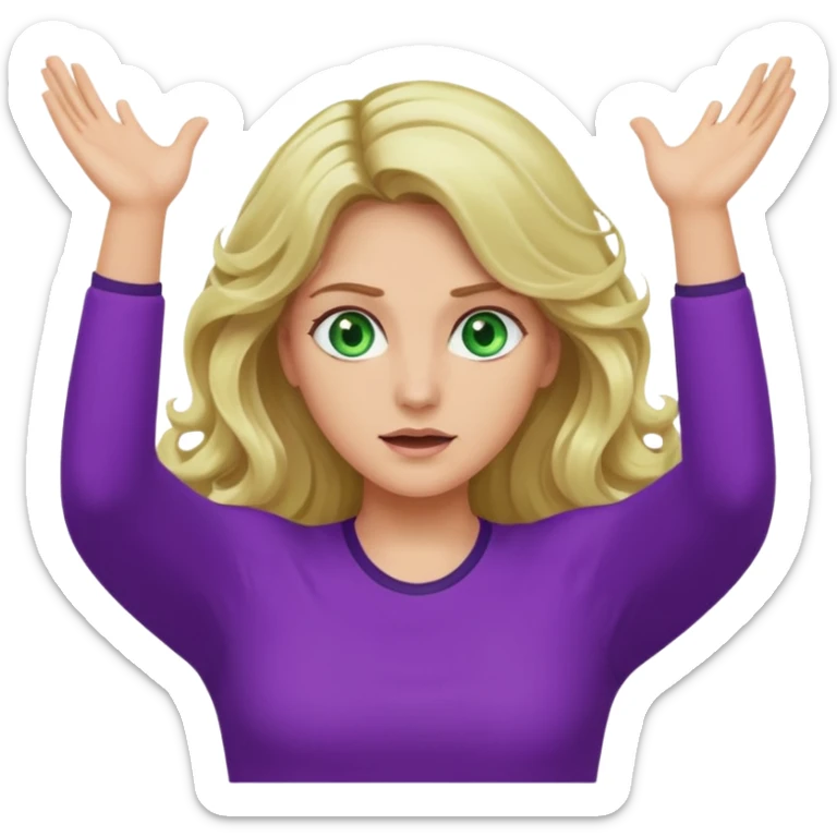 lady with long blonde wavy hair, green eyes and purple top top throwing arms in the as if confused sticker