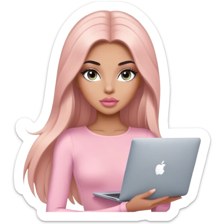 Glamours, tanned, very beautiful girl, with big pump peach-beige-rose lips, long lashes, black straight smooth silky long hair, straight parting hair, blue-grey eyes, in light-pink bodysuit holding MacBook sticker