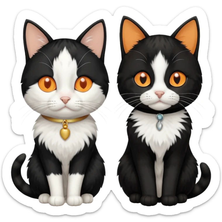 Two tuxedo cats with white birthmarks going up their nose, one of the cats’ birthmarks is short and ends on the left side, the other cat’s birthmark is longer, going up to his forehead in a slight squiggly pattern on the right side sticker