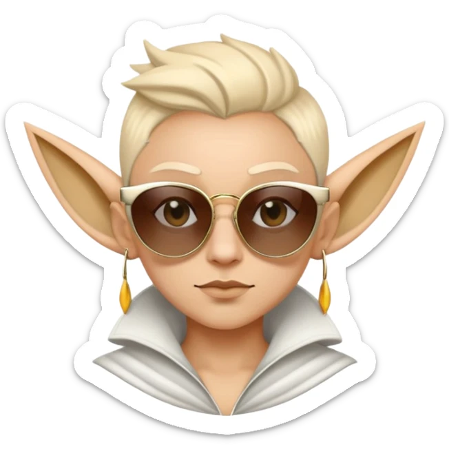 Create a fantasy-style emoji of a character inspired by the high Fae archetype, featuring pointed ears and sharp, majestic features. The emoji should be wearing oversized, stylish sunglasses, adding a touch of modern flair. Make sure the expression is confident and slightly enigmatic, perfect for conveying a sense of mystery and charm in digital conversations. sticker