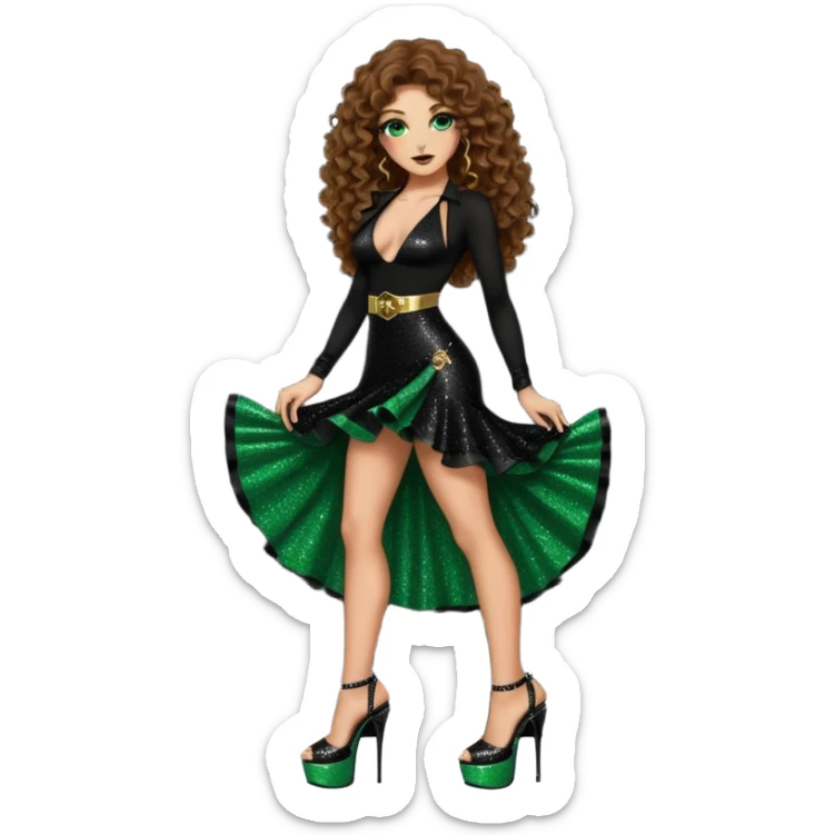 green eyes brown long curly hair woman, cartel boss with 7 inch platform stripper high heels black glitter dress, Los Angeles Spanish style black outfit sticker