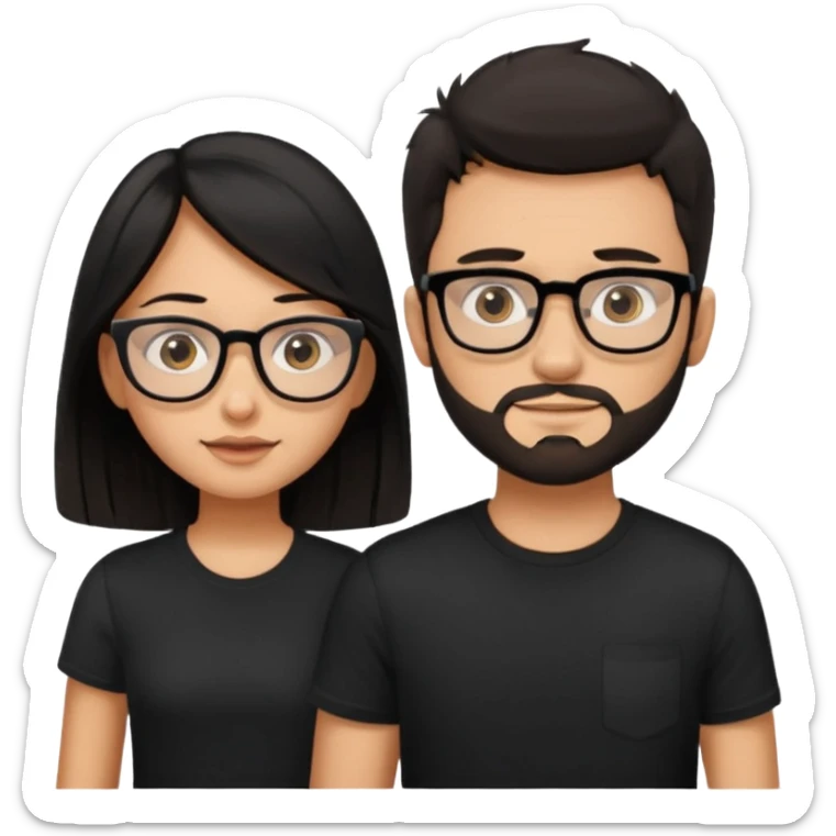 chico con gafas y barba corta moreno  camiseta negra al lado una chica pelo negro  largo piel blanca y camiseta rosa ojos marrones sticker