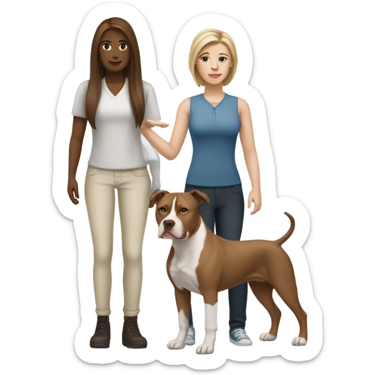 white woman with straight long brown hair alongside a white pitbull sticker