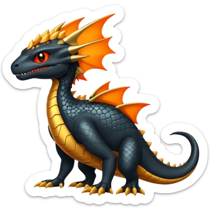 Magmatic fiery badass cool obsidian-Black and golden-orange Helioptile-Amaura-Salamence-Fakémon-hybrid-creature (full body)  sticker