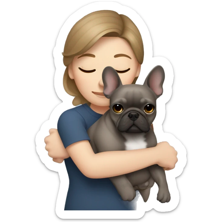 light brown hair woman hugging a dark gray french bulldog sticker
