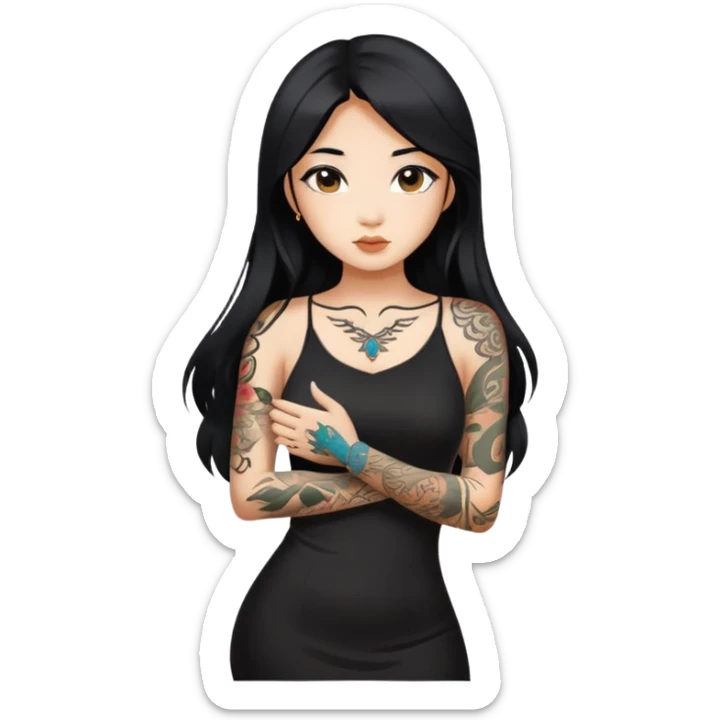Beautiful Asian girl with long black hair and body tattoos wearing a black dress sticker