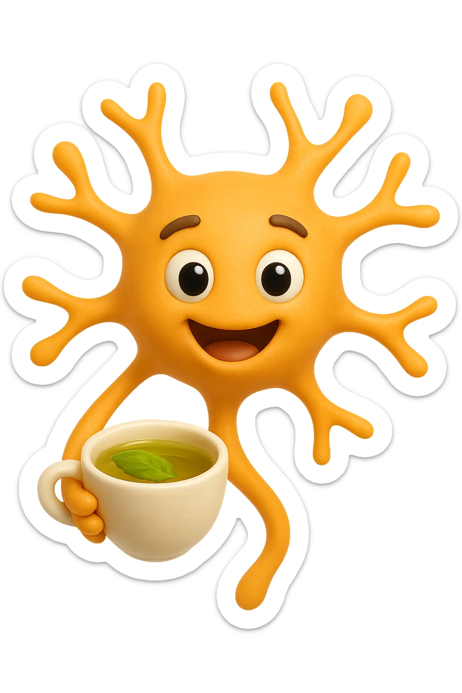 emoji stile iphone 3d di un neurone che fluttua in aria insieme ad un tè alle erbe, iperrealistico 4k sticker