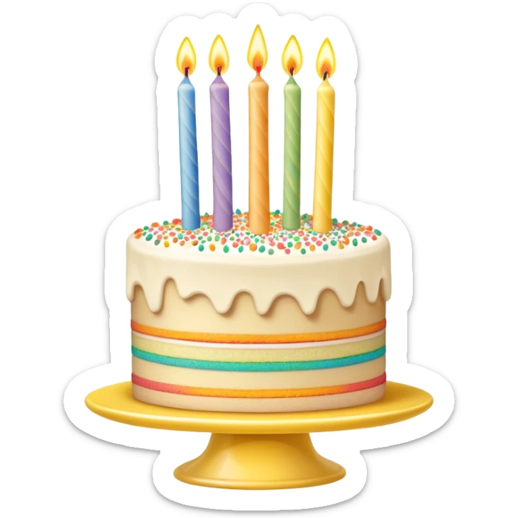 Layered, detailed beige and white vanilla birthday cake with candles and rainbow sprinkles, on a yellow cake stand sticker