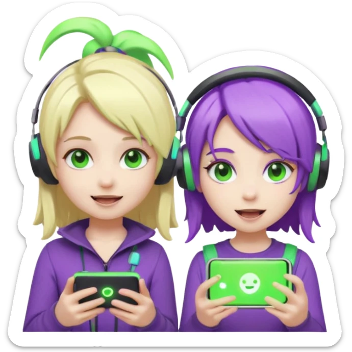 Make a blonde girl with green glowing headset on and a purple hair girl haveing fun , make them chibi emojis ,make them animated sticker