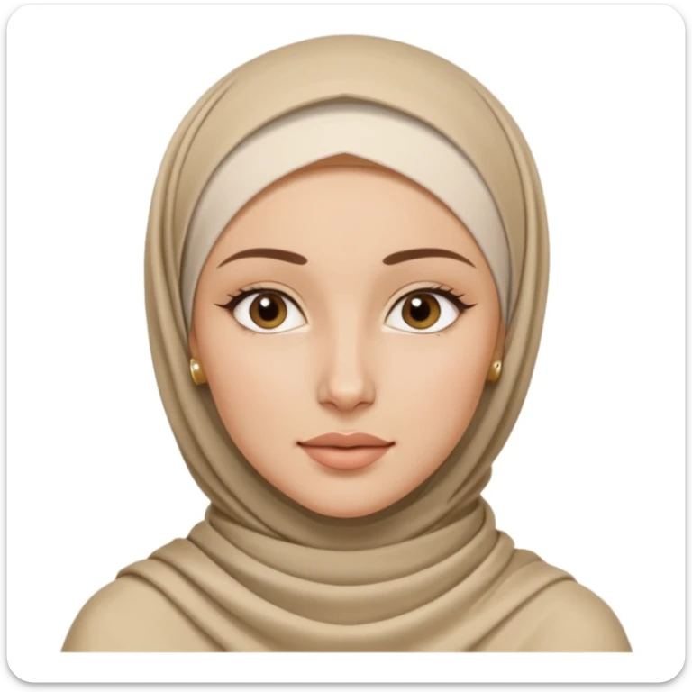 clean girl aesthetic emoji, fresh-faced young woman wearing a neatly wrapped hijab, slicked-back style, gold hoop earrings visible, dewy skin, minimal makeup, soft neutral background sticker