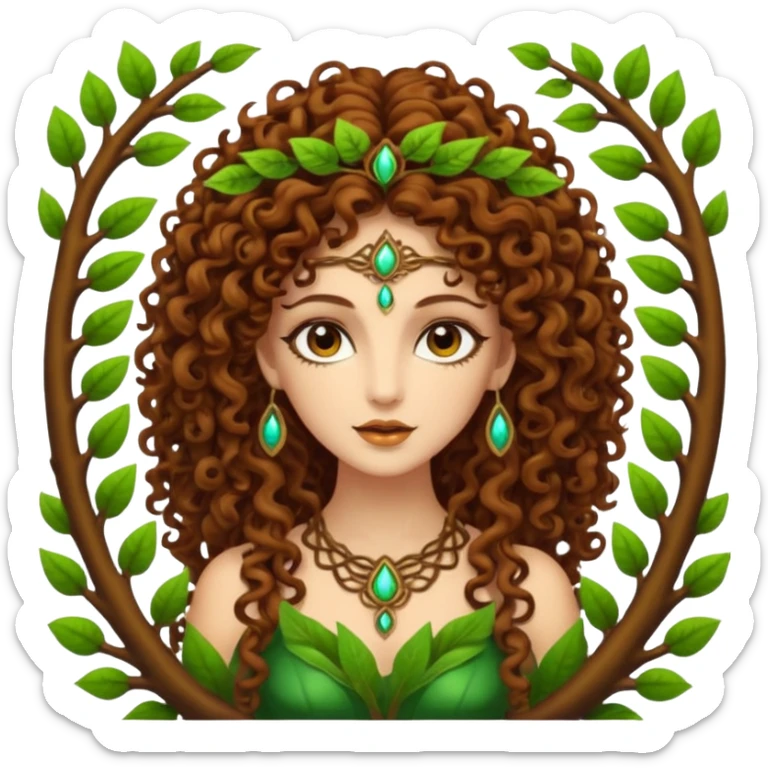 Psychedelic goddess of the forest with brown eyes , brown curly hair sticker