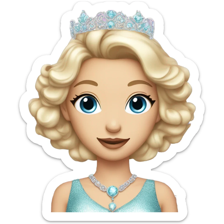 Gorgeous pastel Lady with blue eyes in a sparkly shiny dress with tiara and necklace and flowers behind her and trending  sticker