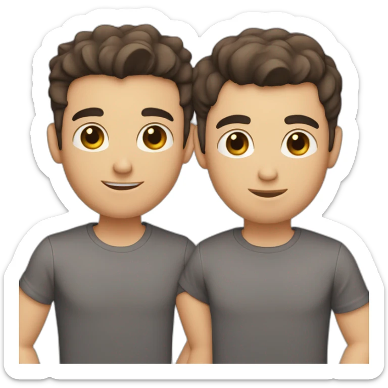gay couple, one guy in dark gray shirt, slim face, short messy dark brown hair, dark eyes, other guy - short brown hair,light gray shirt, blue eyes, slightly shorter sticker