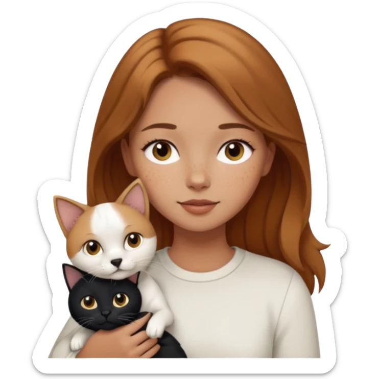 Girl with light brown hair, a few miles on her face, holding a white dog and a black cat  sticker