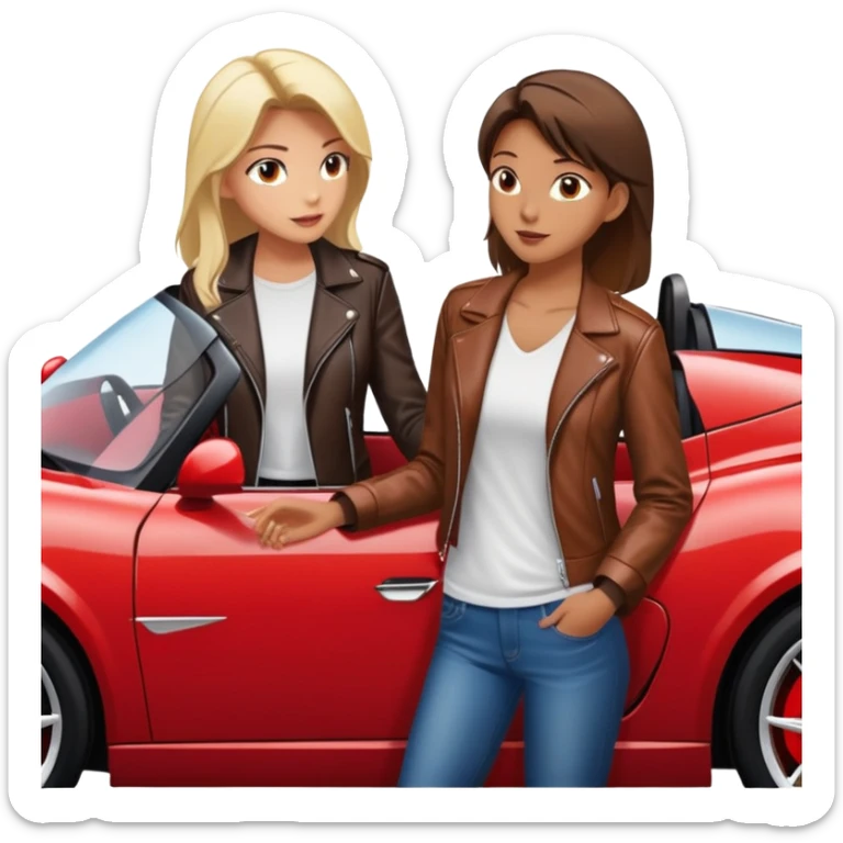 woman standing outside sports car talking to man inside sports car with window down sticker