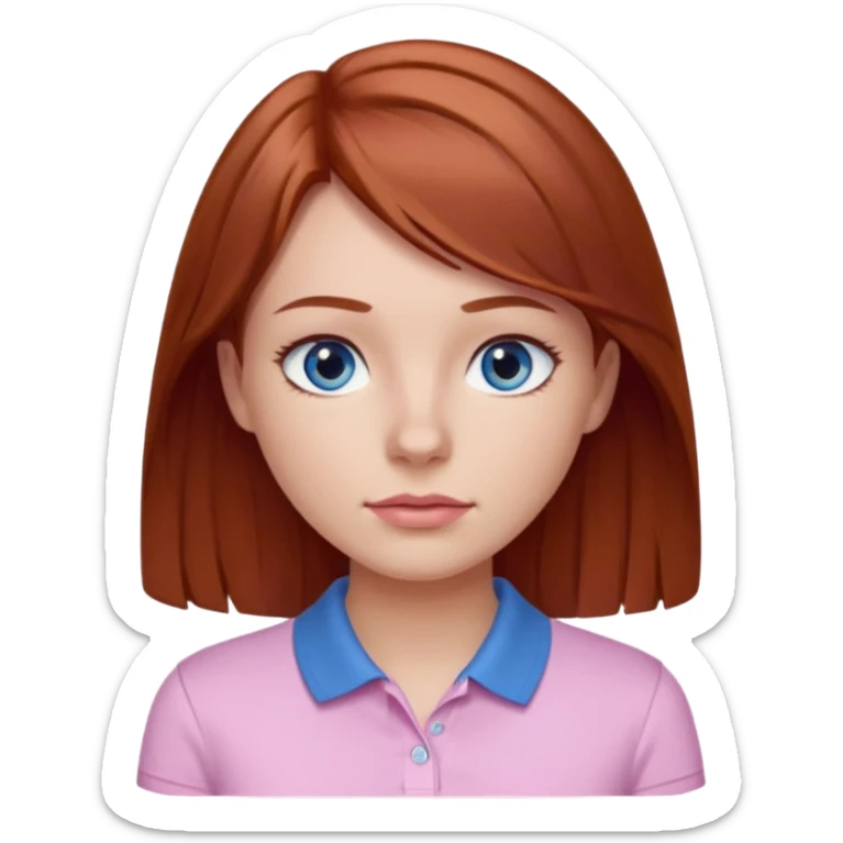 Create emojis of a girl with light brown / dark red hair slightly wavy below the shoulder. Her eyes are gray-blue, her nose is small and straight, and her lips are pink and small. Eyes with long eyelashes. The polo shirt is white. The emoji itself is up to chest level. sticker