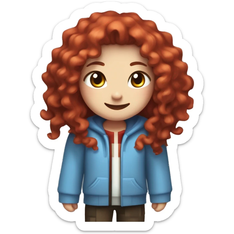 a white girl with long red curly hair and freckles, wearing periwinkle Minecraft hoodie playing a videogame smiling sticker