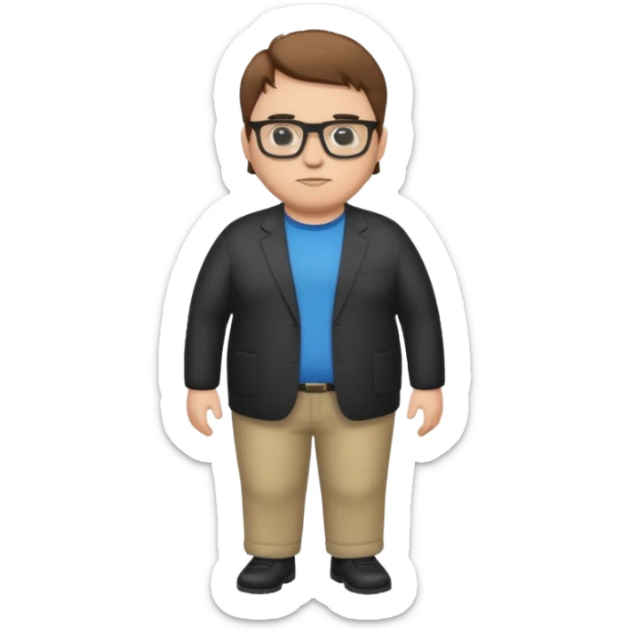 Create a fat emoji full body white man with brown hair and black glasses sticker