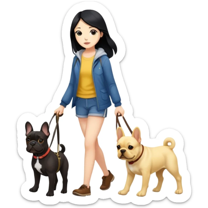 Long black hair - girl walking with dark brown french bulldog and labrador sticker