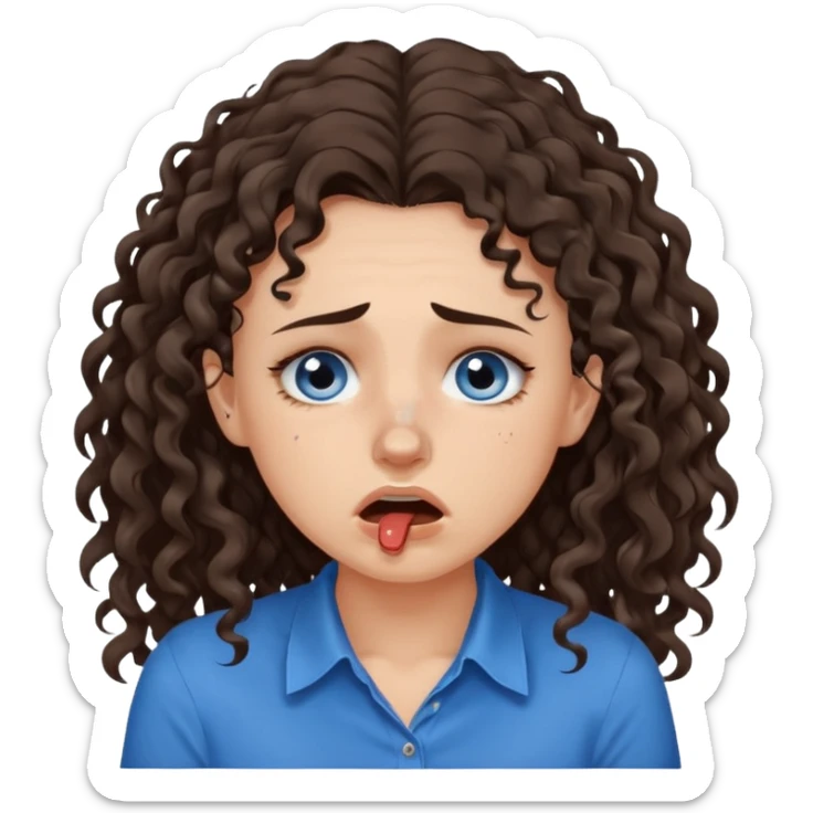 white young pretty woman long dark brown CURLY hair, with a blue shirt, in despair crying, brown eyes, septum nose piercing sticker