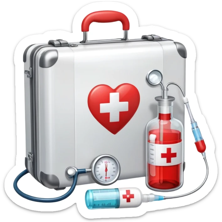 An icon featuring a medical suitcase with a red cross, a bottle of pills, a stethoscope, and a syringe, symbolizing medicine. The design includes a thermometer, bandages, and a heart monitor, representing healthcare and medical treatment. Transparent background highlights the science of healing. sticker