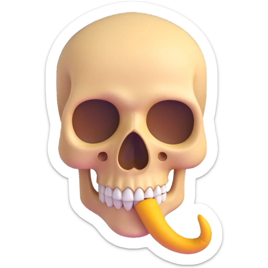 skull emoji with a playful Pinocchio-style long wooden nose, combining skull and liar concepts in a fun emoji style sticker