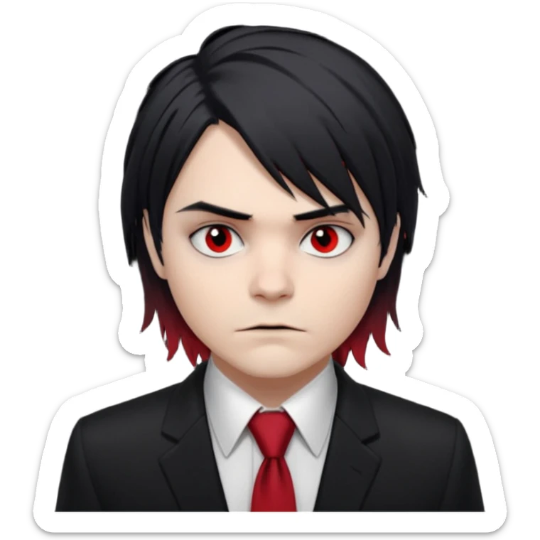 Gerard Way (Revenge Era)
Round, simplified emoji style
Pale skin tone
Jet-black, shoulder-length hair messy and emo
Heavy eyeliner and slight red shadow under the eyes
Subtle serious
Hint of red tie visible on black button up shirt.
Transparent background. Black eyeliner. Messy emo hair sticker