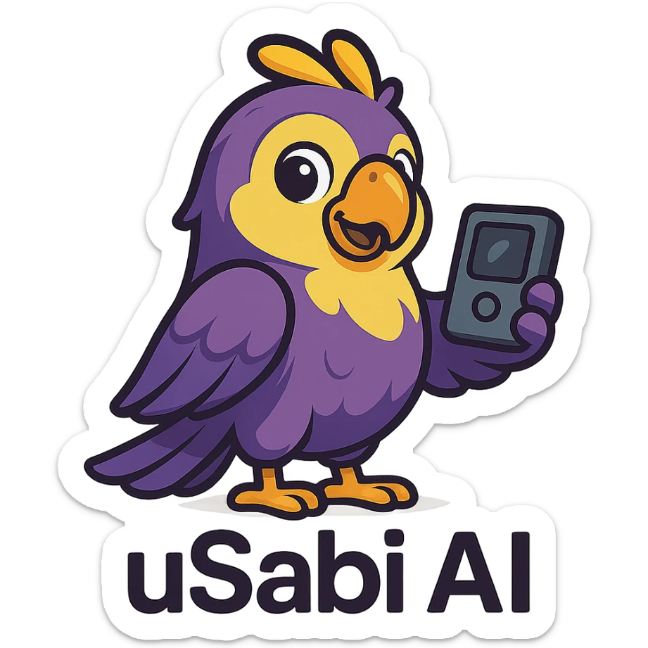 cute Nigerian parrot mascot for 'uSabi AI' with purple and yellow plumage, holding a small gadget, modern, techy, and fun style sticker