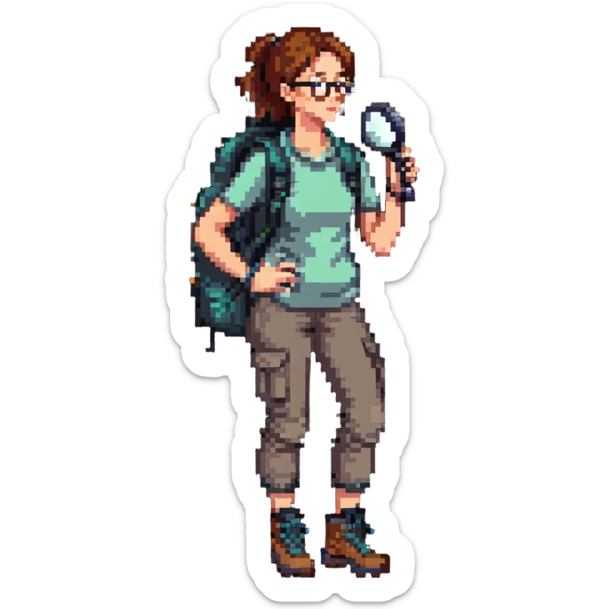 Very happy excited woman in her 40s with glasses wearing sporty outfit, hiking boots, and backpack, holding a magnifying glass sticker