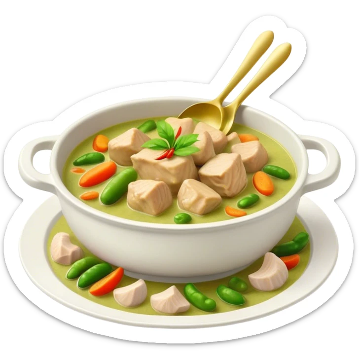 Green Chicken Curry Cinematic Realistic Green Chicken Curry Dish Emoji, depicted as tender chicken chunks simmered in a fragrant green curry sauce with vegetables, rendered with vivid textures and dynamic, vibrant lighting. sticker