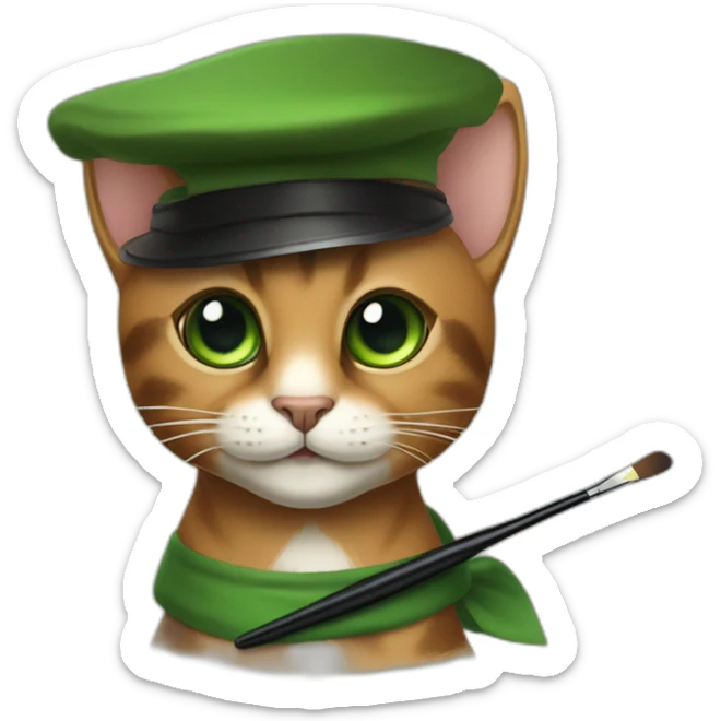 Brown cat with black stripes and white mustache and the contour of the white mouth and green eyes with a brush pencil and a black beret and a painting palette sticker