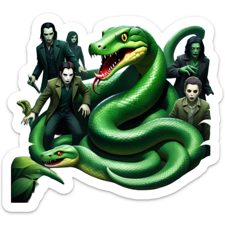 Thriller Movie Icon: A dramatic, close-up collage with sinister villains, a slithering anaconda, and zombie figures emerging from the shadows. Dark and moody atmosphere with eerie lighting, tension-filled elements, among jungle. Transparent background. sticker