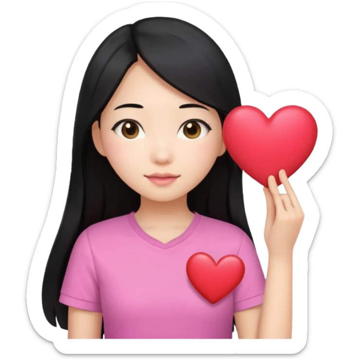 Asian girl long pink shirt hair with heart sign sticker