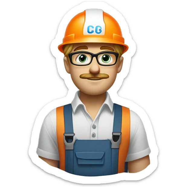 skinny blonde young man, large lips, no beard but with mustache, muted blue/green eyes, glasses, wearing white hard hat that says ”gmc” in orange letters, orange safety vest, muted blue shirt sticker