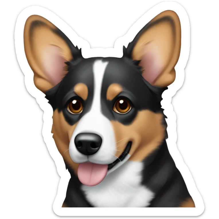 A dog, mix of corgi and blue heeler, colors are black with black and white on paws and little dots on paws, white streak along the nose, brown inside of the ears sticker