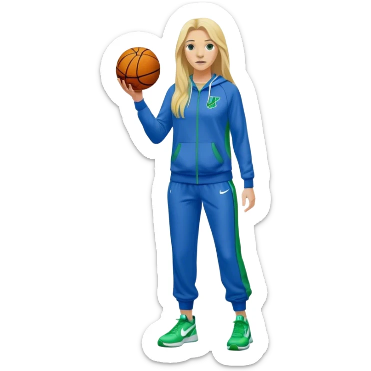 Full Body white female basketball head coach with long blonde hair in a blue and green Nike sweatsuit sticker