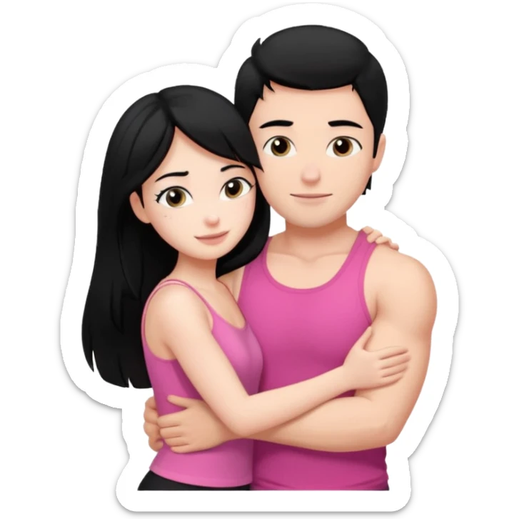 a pretty bratz fair girl. black hair, wearing a pink cami top, she is hugging a handsome fair guy with black hair. lean but muscular.the boy is wearing a black tshirt sticker