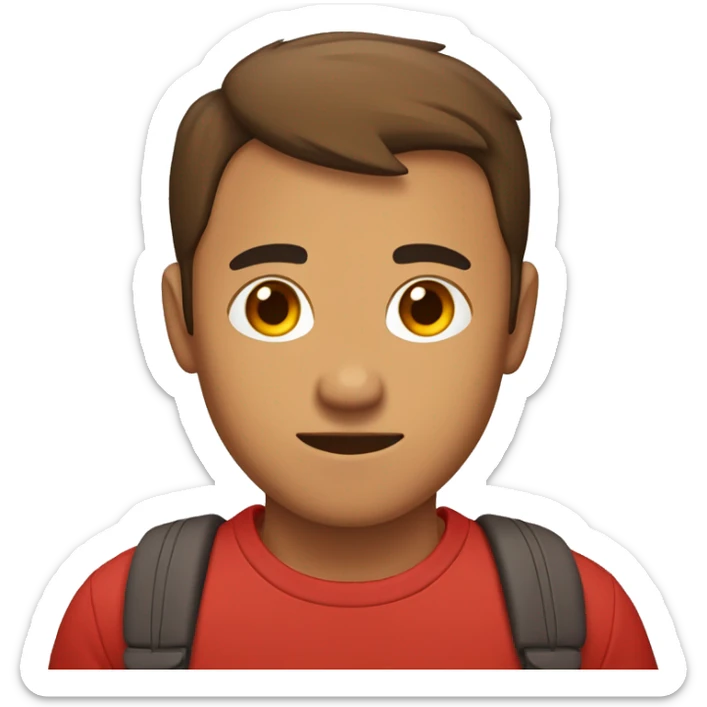 man with brownish (filipino) skintone in red tshirt with small owl on his right shoulder sticker