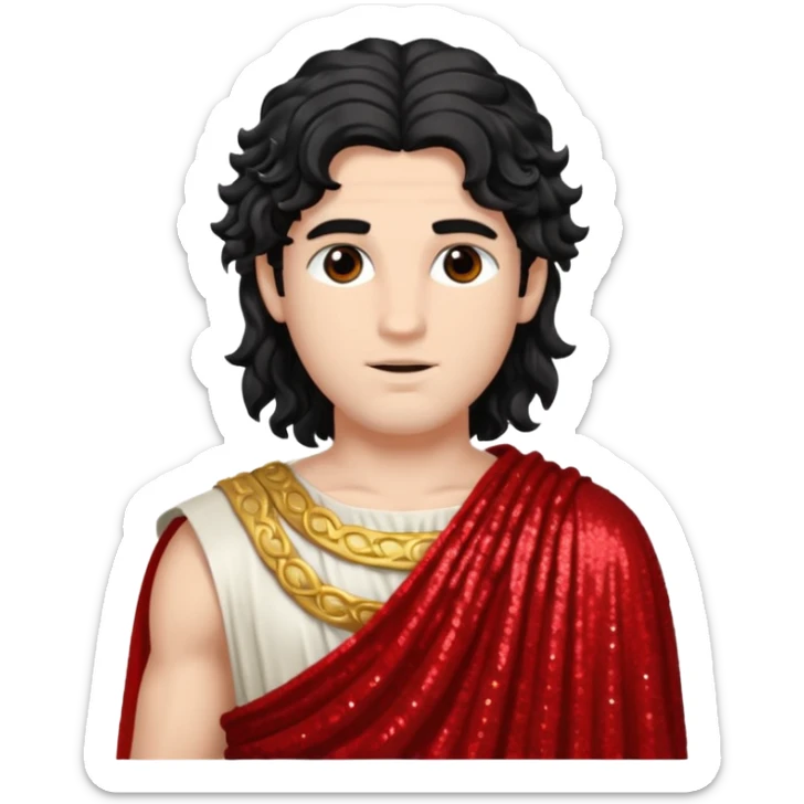Adonis, God of Beauty from Roman Deities with long black wavy hair, red sequin toga sticker