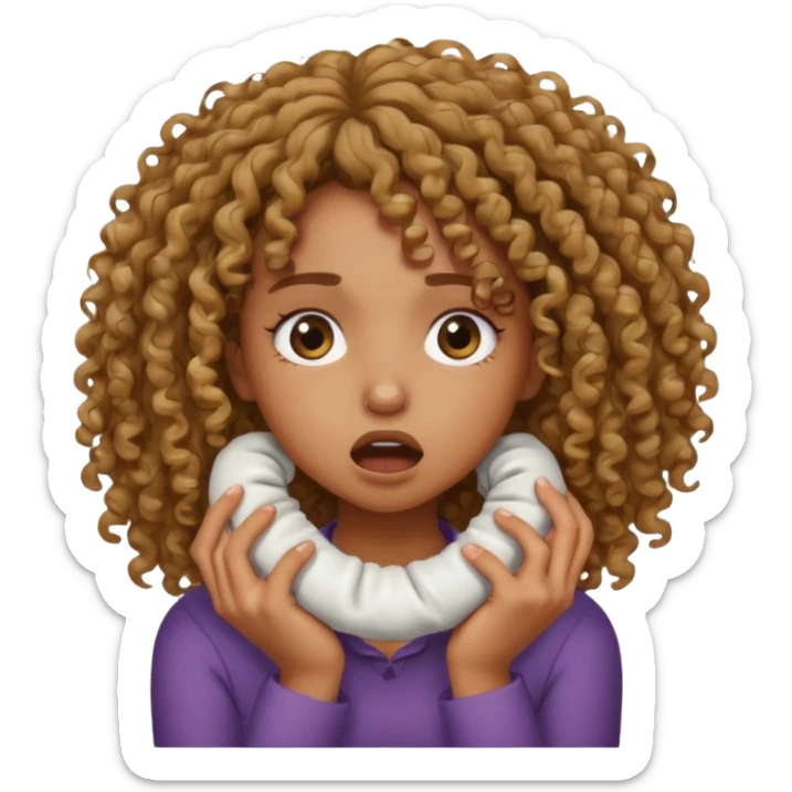 a kinda light brownskin girl with curly hair emoji strangling themselves / crashing out sticker