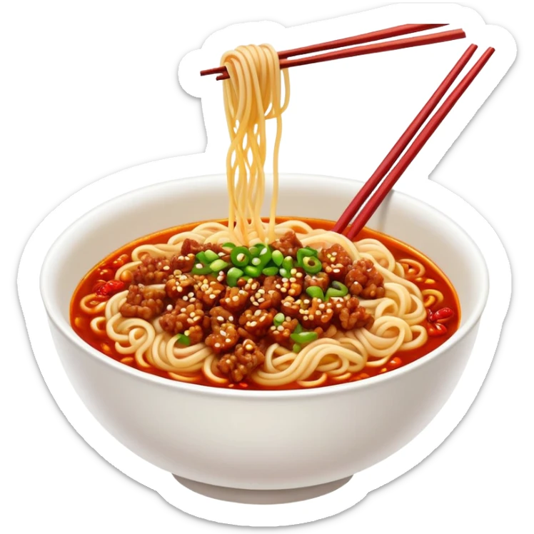 Sichuan Dan Dan Noodles with red chili oil and minced pork, simplified emoji style with bold outlines and bright colors, cartoon style spicy Chengdu street food sticker
