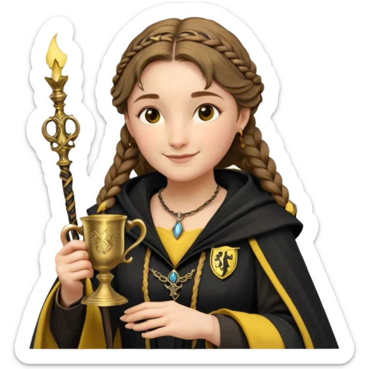 Helga Hufflepuff,the Hogwarts founder of Hufflepuff,brown-haired,2braids,yellow-black medieval dress with black cloak decorated with gold braiding,flickering magic wand and tiny two-handled shiny gold cup engraved with the badger silhouette,very kind smile,curvy busty sweet sticker
