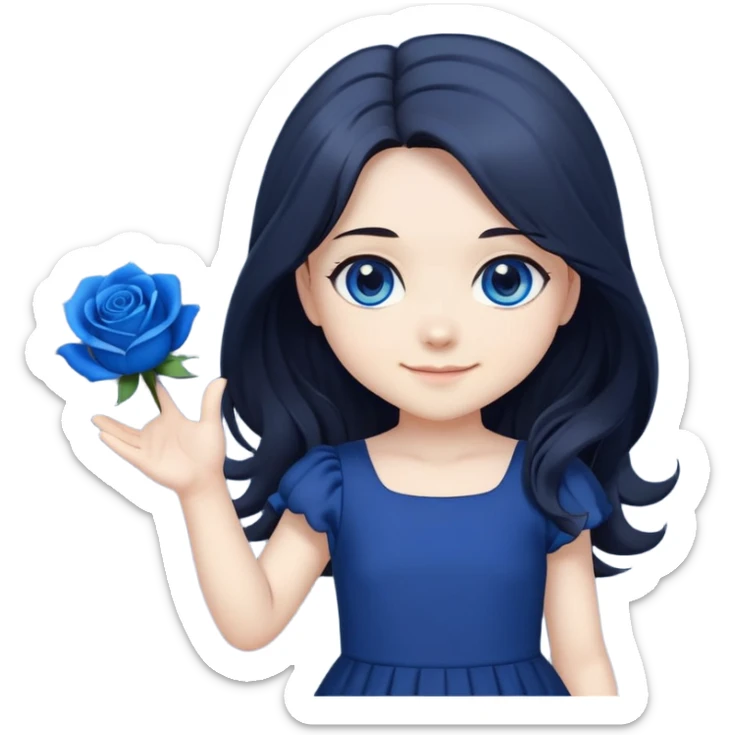 chibi girl with long dark hair, blue rose in hair, blue eyes, black dress, friendly smile, waving sticker