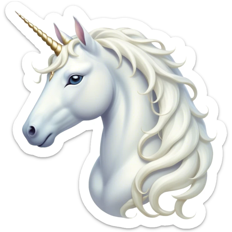 Beautiful and Majestic White Unicorn Portrait Emoji, Head and body exuding serene brilliance with a luminous, flowing mane and a gracefully spiraled horn, eyes gently closed in peaceful reverie, Simplified yet exquisitely enchanting features, highly detailed, glowing with a soft, celestial light, high shine, serene and utterly majestic, stylized with an air of timeless fantasy, soft glowing outline, capturing the essence of a beautiful and majestic white unicorn that embodies the pure magic of legend! sticker