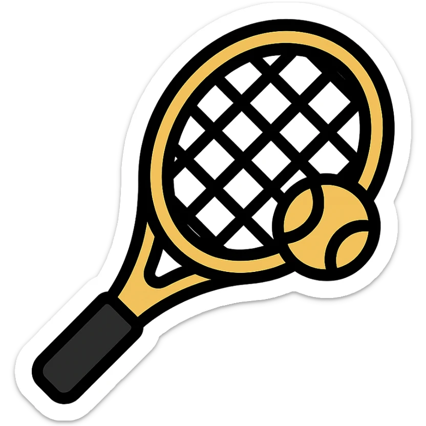 tennis racket, color icon style, playful and bold, yellow and black accents sticker