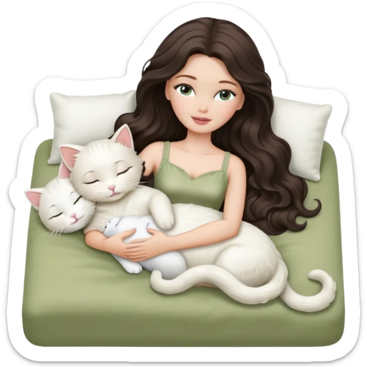 White Barbie girl dark brown long wavy hair sleeping with white kitty at pale olive bed sticker
