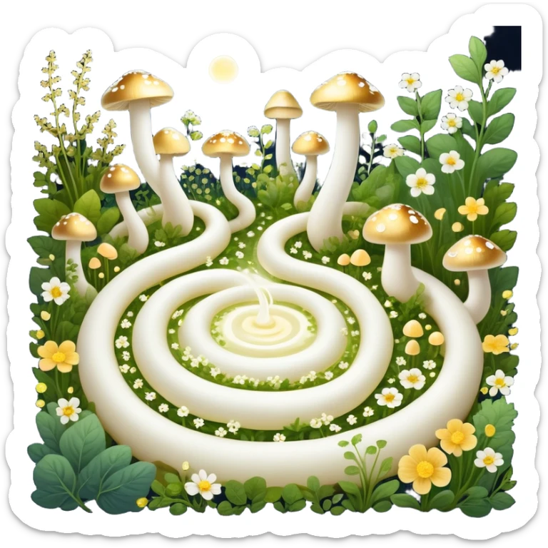 Glowing garden of probiotic foods: yogurt as white flowers, kefir as luminous mushrooms, and fermented vegetables as magical plants. Beneficial bacteria appear as tiny golden lights floating through the garden. The intestine forms a spiraling path surrounded by this magical ecosystem. sticker